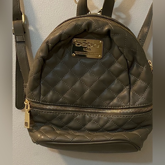 bebe quilted faux leather small mini backpacks in taupe with gold tone hardware - Picture 3 of 8